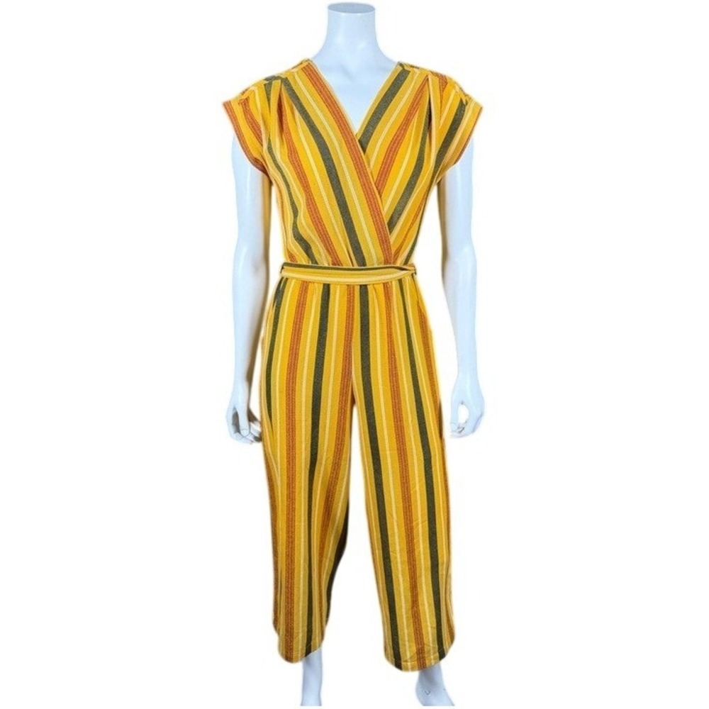 Monteau Los‎ Angeles Womens Yellow Striped Surplice Wide Leg Cropped Jumpsuit